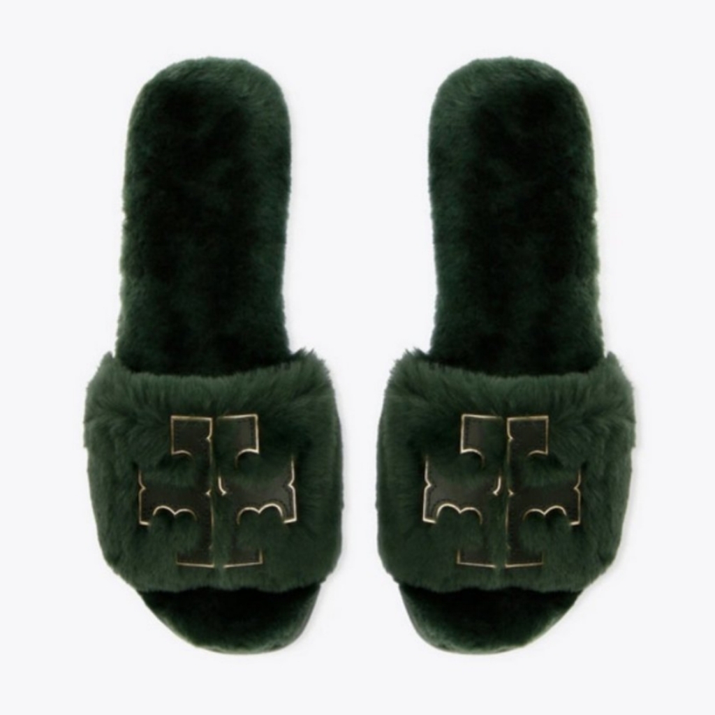 Tory Burch Double T Shearling Sport Slide Sandal In Militare Green 9.5